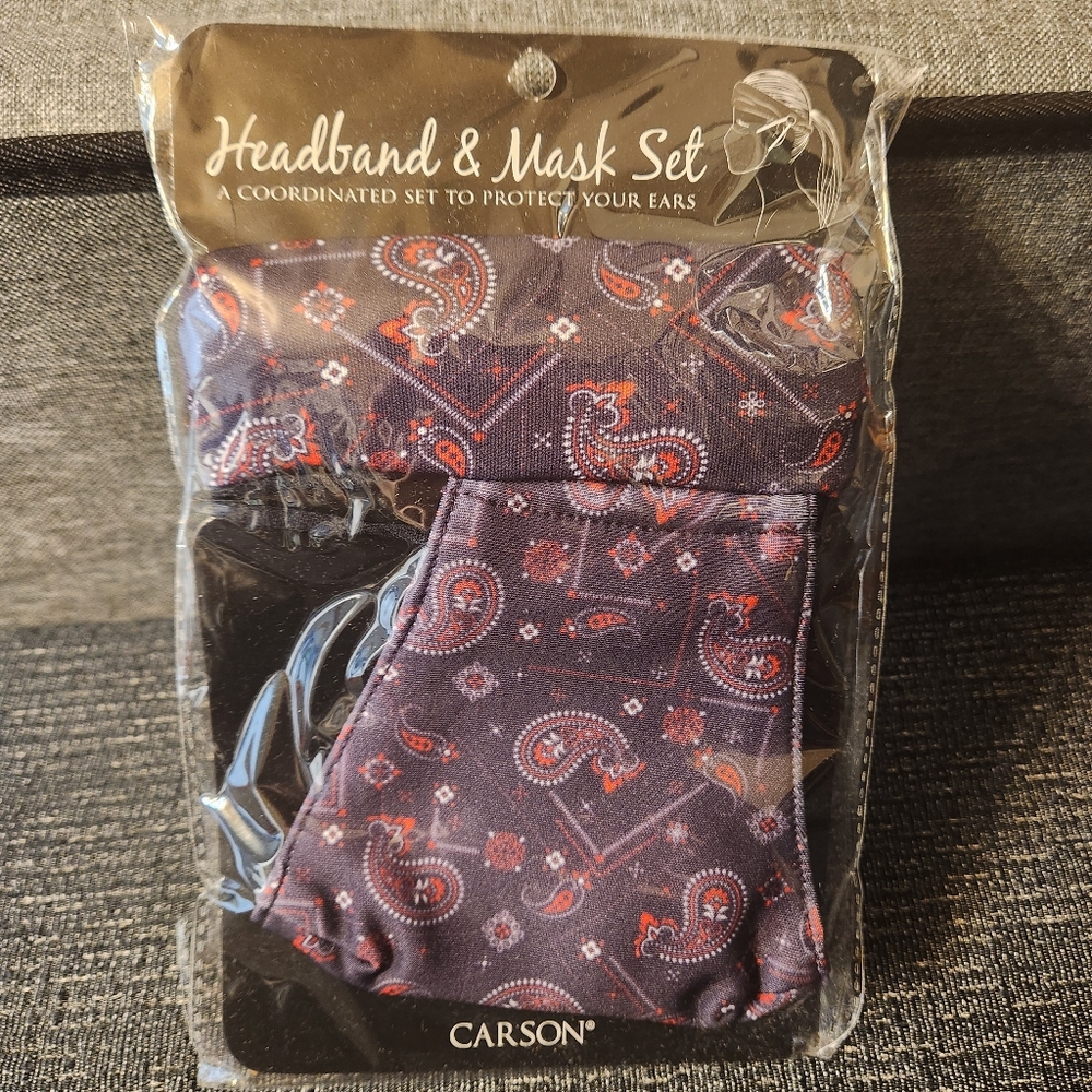 🔥 Face Mask and Headband Set Matching Paisley Deep Purple 2 Buttons